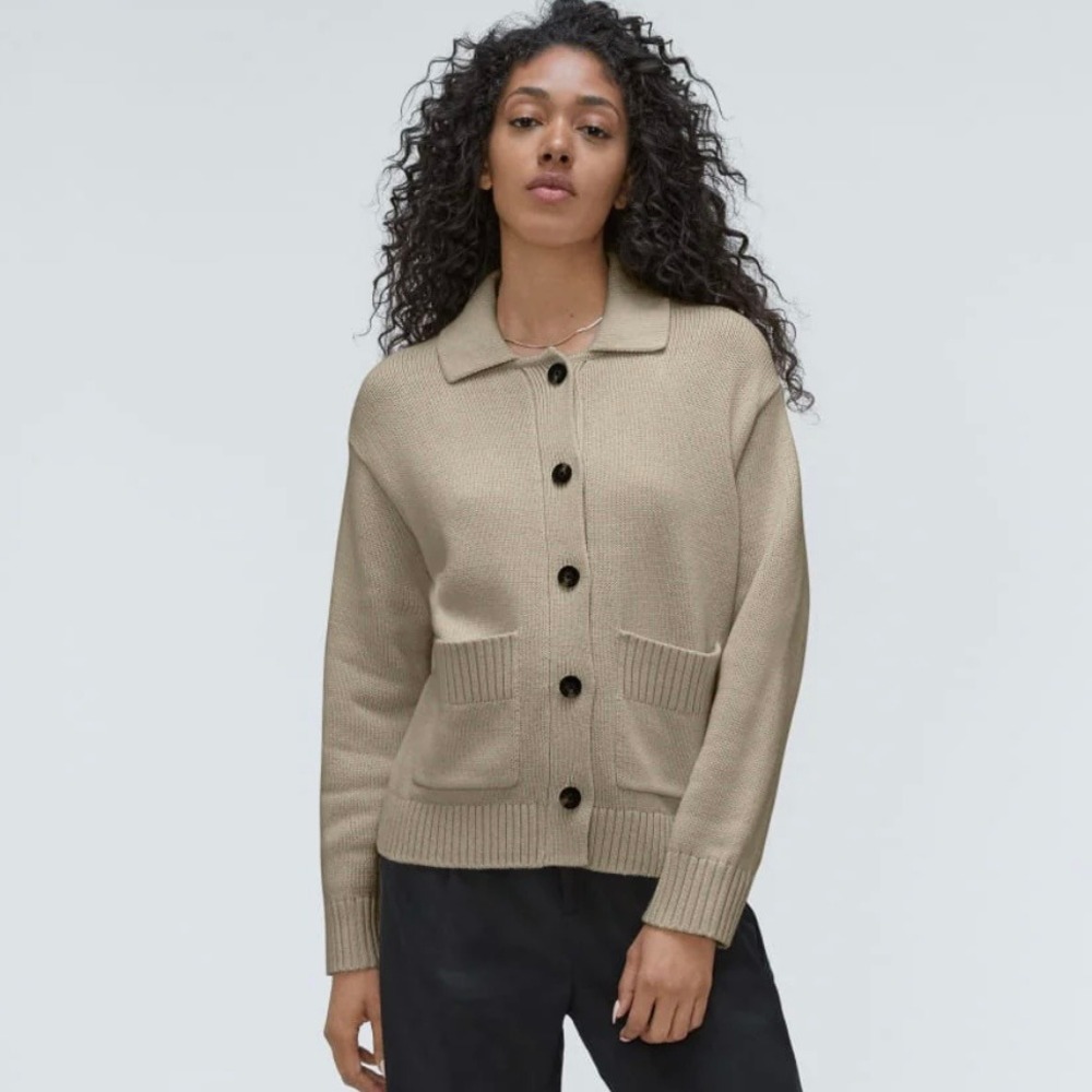 Everlane Chore Sweater Jacket | Organic Cotton Knit Cardigan Beige Small Neutral